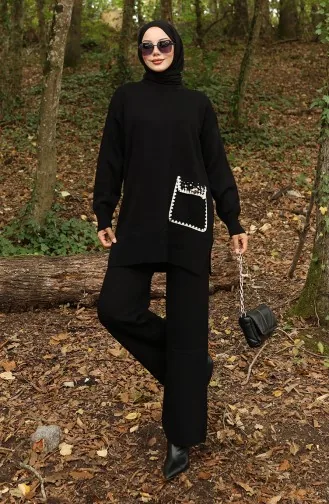 Gebreide Parelmoeren Tuniekbroek Tweedelig Set 1025-02 Zwart 1025-02