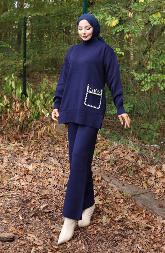 Knitwear Pearl Detailed Tunic Trousers Two Piece Suit 1025-04 Navy Blue 1025-04