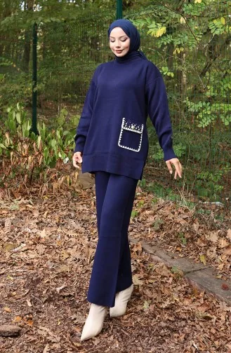 Ensemble Deux Pièces En Tricot Tunique Et Pantalon Détails Perles Bleu Marine 1025-04 1025-04