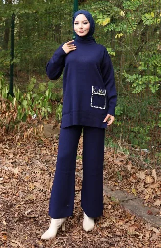 Ensemble Deux Pièces En Tricot Tunique Et Pantalon Détails Perles Bleu Marine 1025-04 1025-04