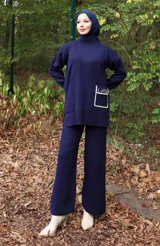 Ensemble Deux Pièces En Tricot Tunique Et Pantalon Détails Perles Bleu Marine 1025-04 1025-04