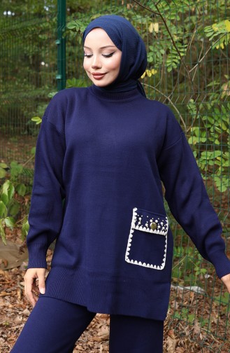 Knitwear Pearl Detailed Tunic Trousers Two Piece Suit 1025-04 Navy Blue 1025-04
