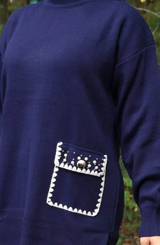 Ensemble Deux Pièces En Tricot Tunique Et Pantalon Détails Perles Bleu Marine 1025-04 1025-04