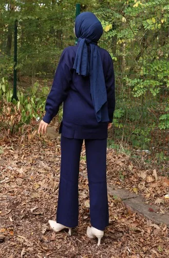 Ensemble Deux Pièces En Tricot Tunique Et Pantalon Détails Perles Bleu Marine 1025-04 1025-04