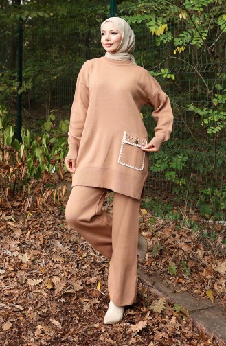Knitwear Pearl Detailed Tunic Trousers Two Piece Suit 1025-05 Milk Coffee 1025-05
