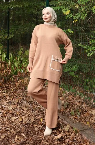 Breiwerk Parel Gedetailleerde Tuniek Broek Tweedelig Pak 1025-05 Melk Koffie 1025-05