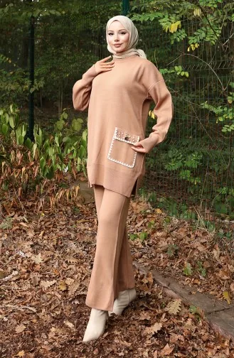 Breiwerk Parel Gedetailleerde Tuniek Broek Tweedelig Pak 1025-05 Melk Koffie 1025-05