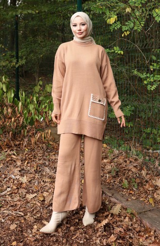 Knitwear Pearl Detailed Tunic Trousers Two Piece Suit 1025-05 Milk Coffee 1025-05