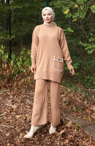Breiwerk Parel Gedetailleerde Tuniek Broek Tweedelig Pak 1025-05 Melk Koffie 1025-05