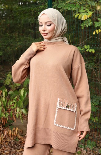 Knitwear Pearl Detailed Tunic Trousers Two Piece Suit 1025-05 Milk Coffee 1025-05