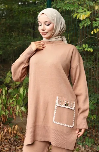 Breiwerk Parel Gedetailleerde Tuniek Broek Tweedelig Pak 1025-05 Melk Koffie 1025-05