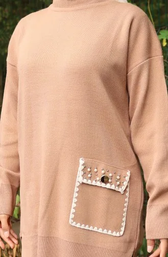 Breiwerk Parel Gedetailleerde Tuniek Broek Tweedelig Pak 1025-05 Melk Koffie 1025-05