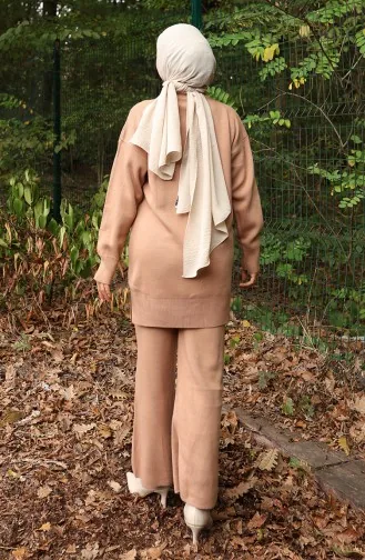 Breiwerk Parel Gedetailleerde Tuniek Broek Tweedelig Pak 1025-05 Melk Koffie 1025-05