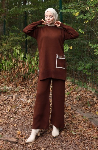 Gebreid Parelmoer Gedetailleerd Tuniek Broek Tweedelig Pak 1025-06 Bruin 1025-06