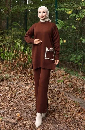 Gebreid Parelmoer Gedetailleerd Tuniek Broek Tweedelig Pak 1025-06 Bruin 1025-06