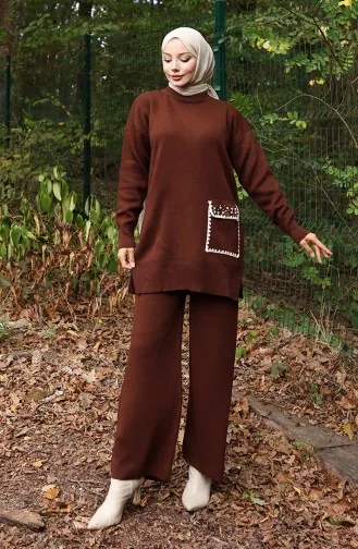 Gebreid Parelmoer Gedetailleerd Tuniek Broek Tweedelig Pak 1025-06 Bruin 1025-06