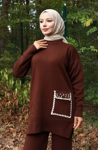 Gebreid Parelmoer Gedetailleerd Tuniek Broek Tweedelig Pak 1025-06 Bruin 1025-06