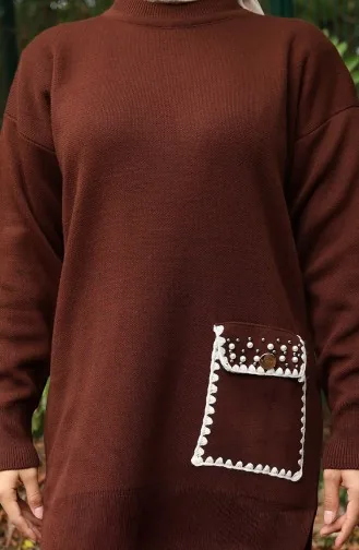 Gebreid Parelmoer Gedetailleerd Tuniek Broek Tweedelig Pak 1025-06 Bruin 1025-06