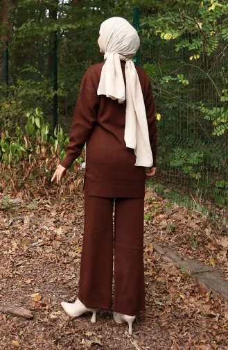 Gebreid Parelmoer Gedetailleerd Tuniek Broek Tweedelig Pak 1025-06 Bruin 1025-06