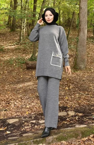 Strickmode Perlendetail Tunika Hose Zweiteiliger Anzug 1025-07 Grau 1025-07