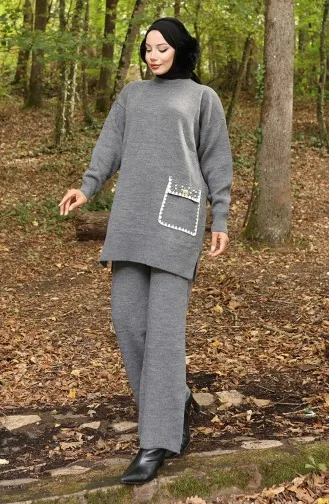 Strickmode Perlendetail Tunika Hose Zweiteiliger Anzug 1025-07 Grau 1025-07