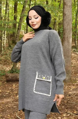 Strickmode Perlendetail Tunika Hose Zweiteiliger Anzug 1025-07 Grau 1025-07