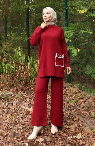 Knitwear Pearl Detailed Tunic Trousers Two Piece Suit 1025-08 Claret Red 1025-08