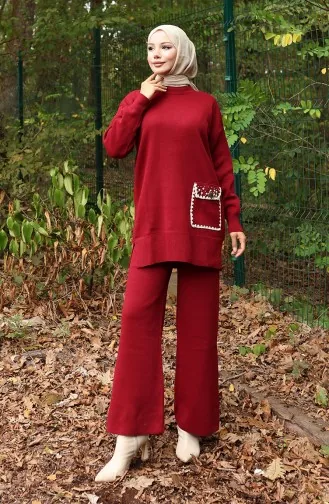 Ensemble Deux Pièces Tunique Et Pantalon En Tricot Orné De Perles 1025-08 Bordeaux 1025-08