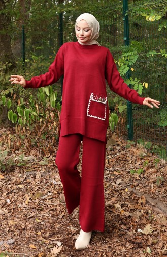 Knitwear Pearl Detailed Tunic Trousers Two Piece Suit 1025-08 Claret Red 1025-08