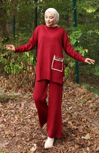 Ensemble Deux Pièces Tunique Et Pantalon En Tricot Orné De Perles 1025-08 Bordeaux 1025-08
