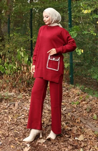 Ensemble Deux Pièces Tunique Et Pantalon En Tricot Orné De Perles 1025-08 Bordeaux 1025-08