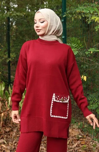 Ensemble Deux Pièces Tunique Et Pantalon En Tricot Orné De Perles 1025-08 Bordeaux 1025-08