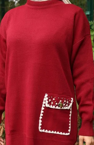 Ensemble Deux Pièces Tunique Et Pantalon En Tricot Orné De Perles 1025-08 Bordeaux 1025-08
