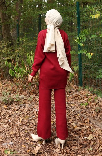 Knitwear Pearl Detailed Tunic Trousers Two Piece Suit 1025-08 Claret Red 1025-08