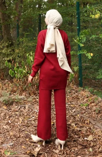 Ensemble Deux Pièces Tunique Et Pantalon En Tricot Orné De Perles 1025-08 Bordeaux 1025-08
