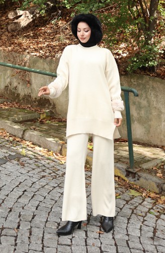 Knitwear Raglan Sleeve Tunic Trousers Two Piece Set 1054-01 Beige 1054-01