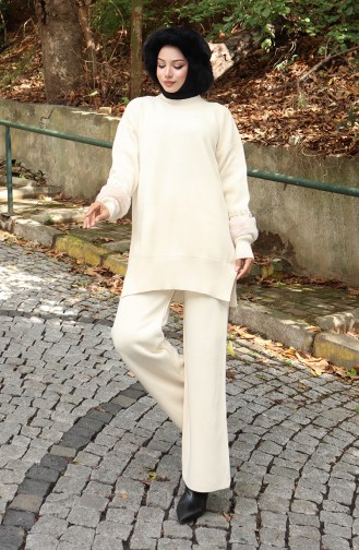 Knitwear Raglan Sleeve Tunic Trousers Two Piece Set 1054-01 Beige 1054-01