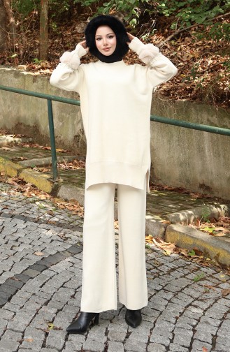 Knitwear Raglan Sleeve Tunic Trousers Two Piece Set 1054-01 Beige 1054-01
