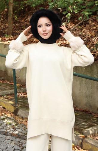 Knitwear Raglan Sleeve Tunic Trousers Two Piece Set 1054-01 Beige 1054-01