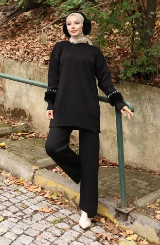 طقم تونيك وبنطلون بأكمام راجلان من قطعتين، لون أسود، 1054-02 1054-02