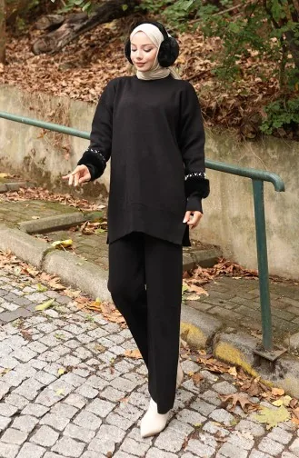 طقم تونيك وبنطلون بأكمام راجلان من قطعتين، لون أسود، 1054-02 1054-02