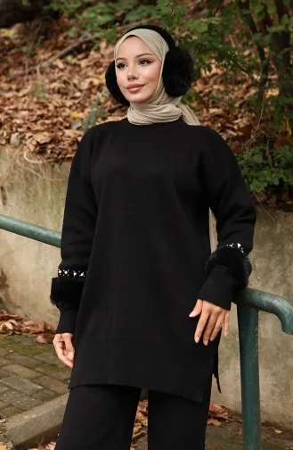 طقم تونيك وبنطلون بأكمام راجلان من قطعتين، لون أسود، 1054-02 1054-02