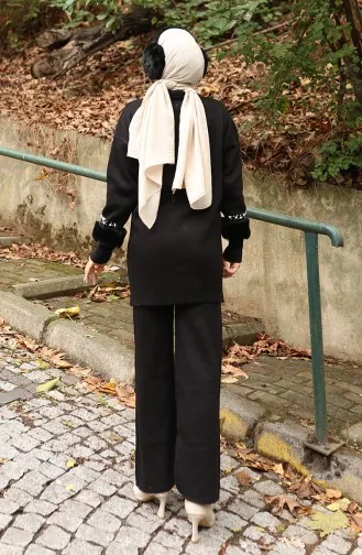 طقم تونيك وبنطلون بأكمام راجلان من قطعتين، لون أسود، 1054-02 1054-02