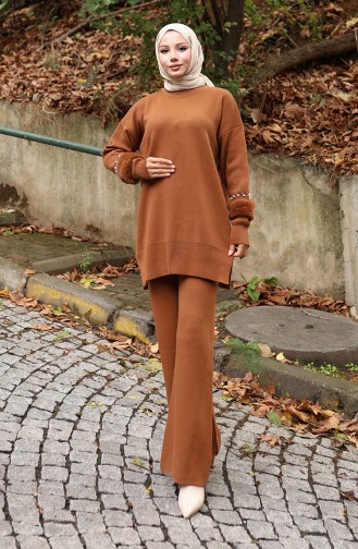 Knitwear Raglan Sleeve Tunic Trousers Two Piece Set 1054-03 Tan 1054-03