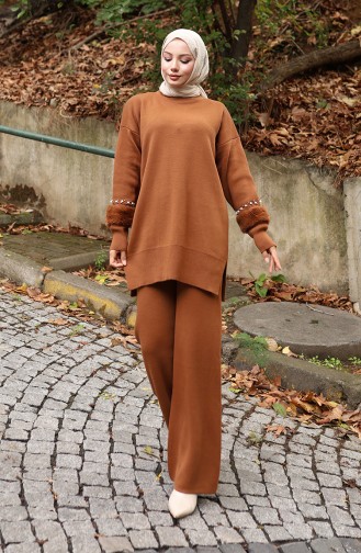 Knitwear Raglan Sleeve Tunic Trousers Two Piece Set 1054-03 Tan 1054-03
