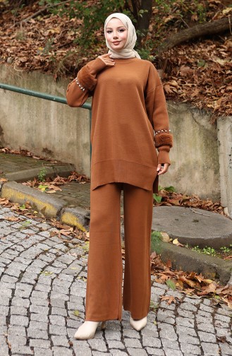 Knitwear Raglan Sleeve Tunic Trousers Two Piece Set 1054-03 Tan 1054-03