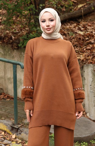 Knitwear Raglan Sleeve Tunic Trousers Two Piece Set 1054-03 Tan 1054-03