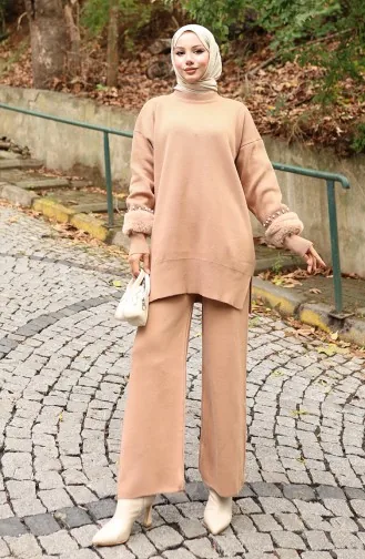 بدلة مزدوجة من بنطلون تونك بأكمام راجلان محبوكة 1054-04 لون قهوة حليبية 1054-04