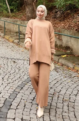 بدلة مزدوجة من بنطلون تونك بأكمام راجلان محبوكة 1054-04 لون قهوة حليبية 1054-04