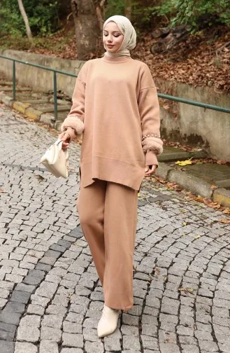 بدلة مزدوجة من بنطلون تونك بأكمام راجلان محبوكة 1054-04 لون قهوة حليبية 1054-04